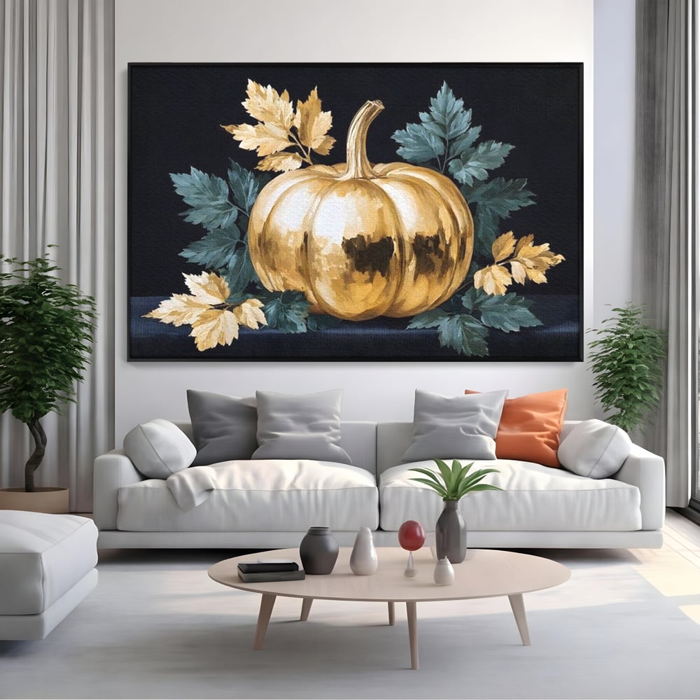 Leinwand Premium Canvas Wandkunst, LuxCanva® N1124, Goldener Kürbis, Herbst, Ernte, Blätter, Golden, Kürbis, Luxus, Metallisch, Künstlerisch, Veredelung, Restaurant, Küche