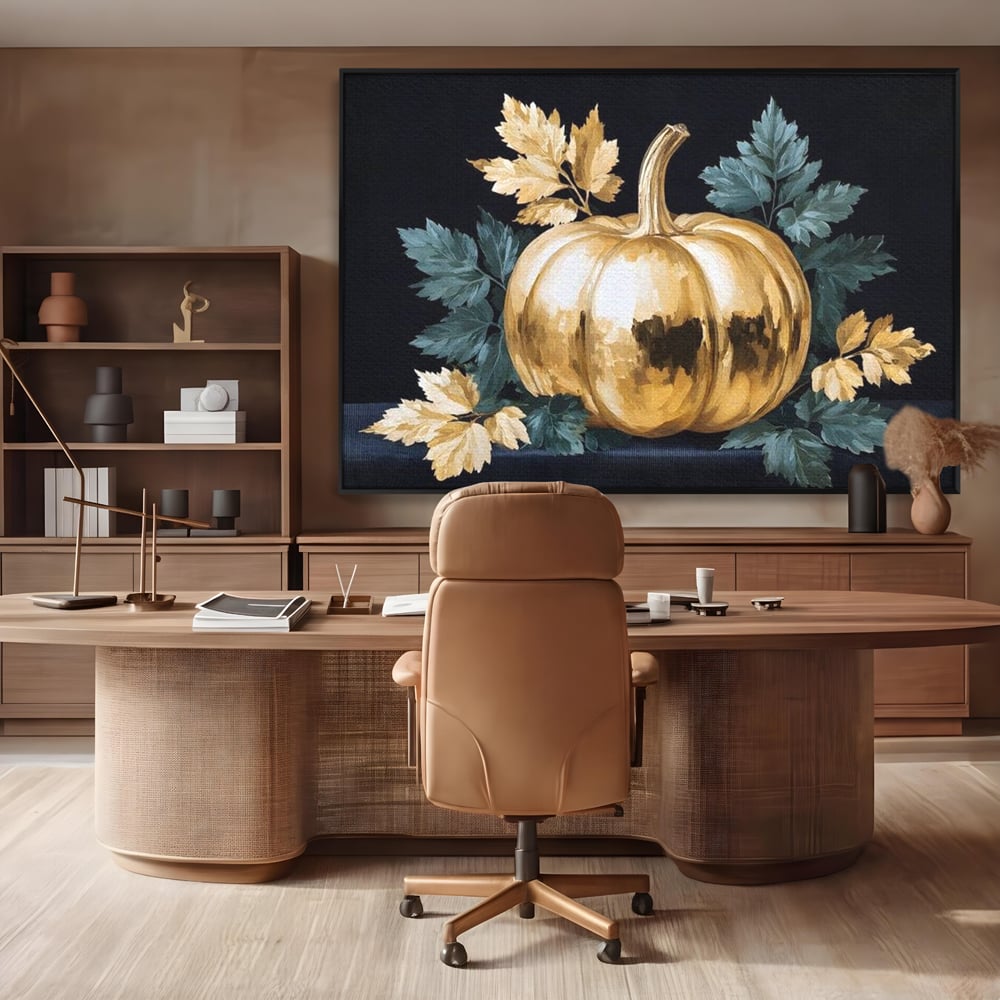Leinwand Premium Canvas Wandkunst, LuxCanva® N1124, Goldener Kürbis, Herbst, Ernte, Blätter, Golden, Kürbis, Luxus, Metallisch, Künstlerisch, Veredelung, Restaurant, Küche