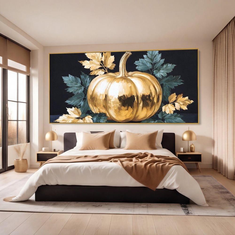 Leinwand Premium Canvas Wandkunst, LuxCanva® N1124, Goldener Kürbis, Herbst, Ernte, Blätter, Golden, Kürbis, Luxus, Metallisch, Künstlerisch, Veredelung, Restaurant, Küche