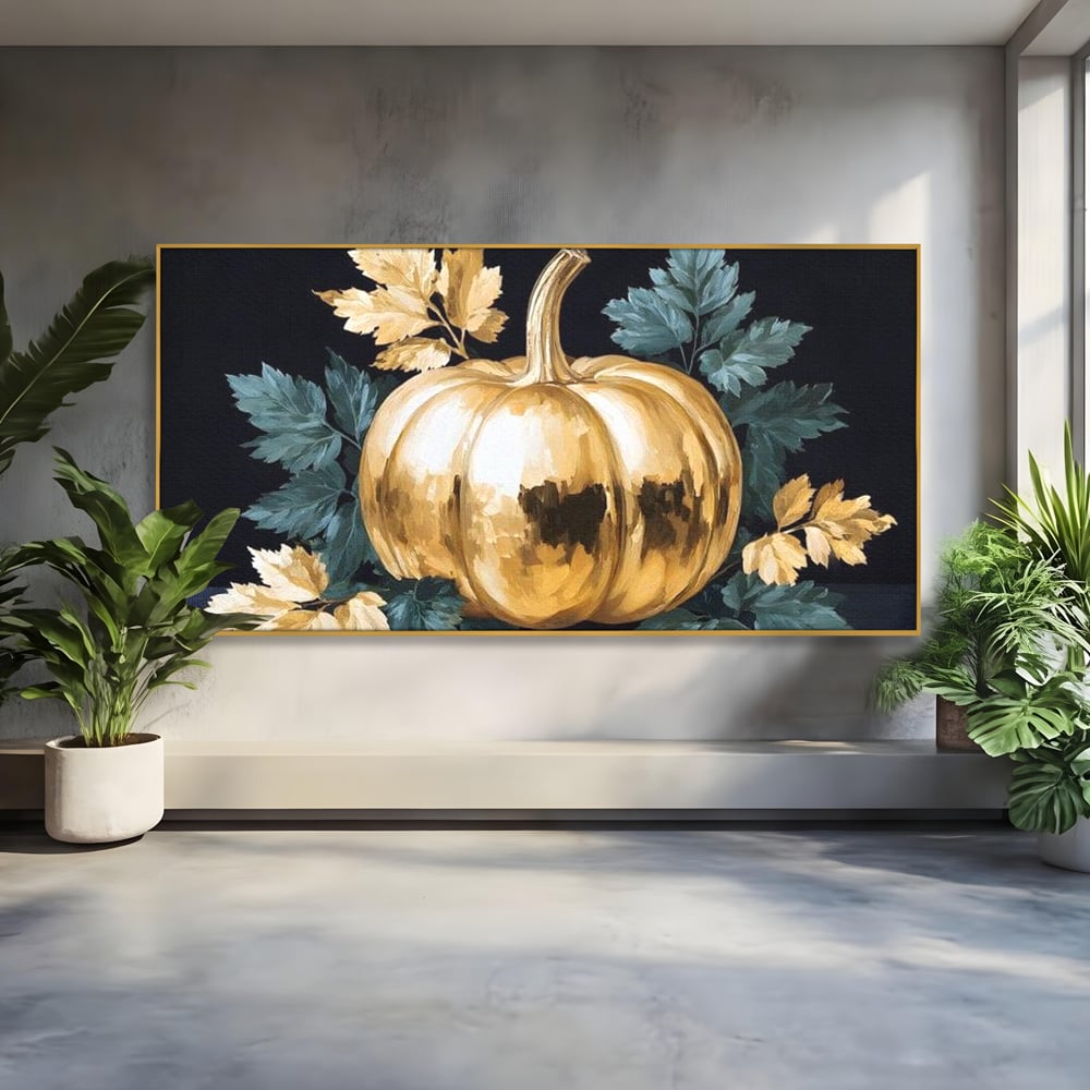Leinwand Premium Canvas Wandkunst, LuxCanva® N1124, Goldener Kürbis, Herbst, Ernte, Blätter, Golden, Kürbis, Luxus, Metallisch, Künstlerisch, Veredelung, Restaurant, Küche