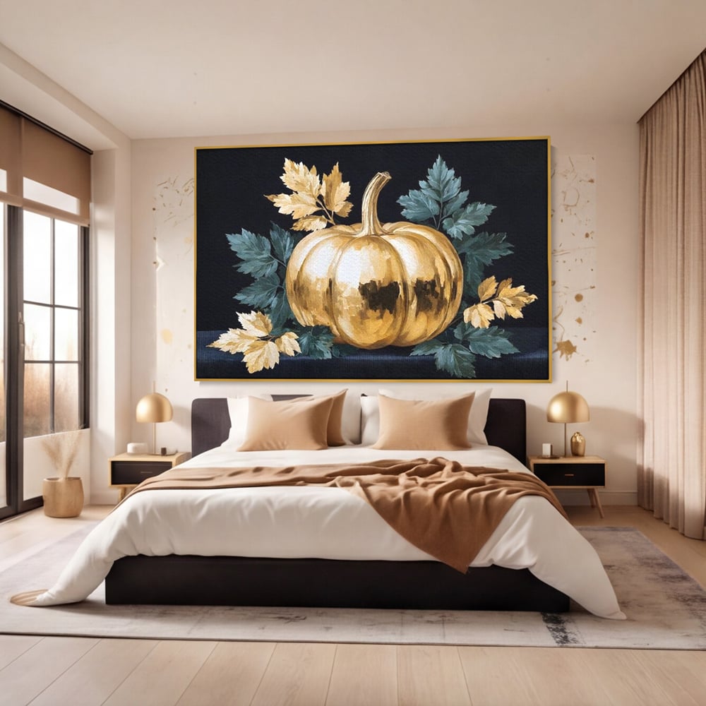 Leinwand Premium Canvas Wandkunst, LuxCanva® N1124, Goldener Kürbis, Herbst, Ernte, Blätter, Golden, Kürbis, Luxus, Metallisch, Künstlerisch, Veredelung, Restaurant, Küche
