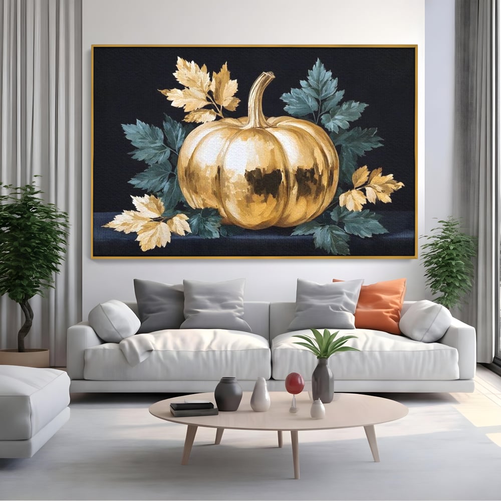 Leinwand Premium Canvas Wandkunst, LuxCanva® N1124, Goldener Kürbis, Herbst, Ernte, Blätter, Golden, Kürbis, Luxus, Metallisch, Künstlerisch, Veredelung, Restaurant, Küche