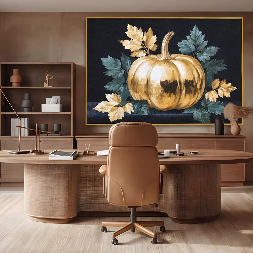 Leinwand Premium Canvas Wandkunst, LuxCanva® N1124, Goldener Kürbis, Herbst, Ernte, Blätter, Golden, Kürbis, Luxus, Metallisch, Künstlerisch, Veredelung, Restaurant, Küche