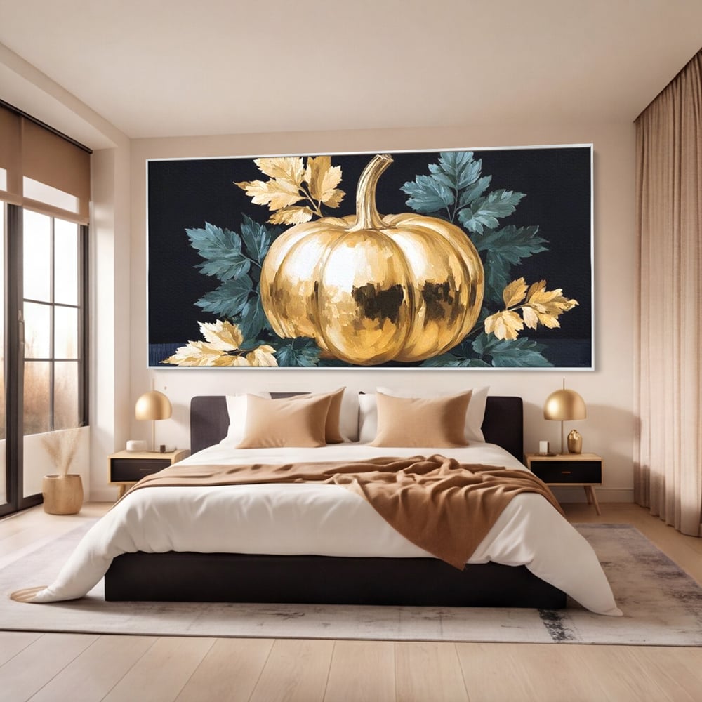 Leinwand Premium Canvas Wandkunst, LuxCanva® N1124, Goldener Kürbis, Herbst, Ernte, Blätter, Golden, Kürbis, Luxus, Metallisch, Künstlerisch, Veredelung, Restaurant, Küche