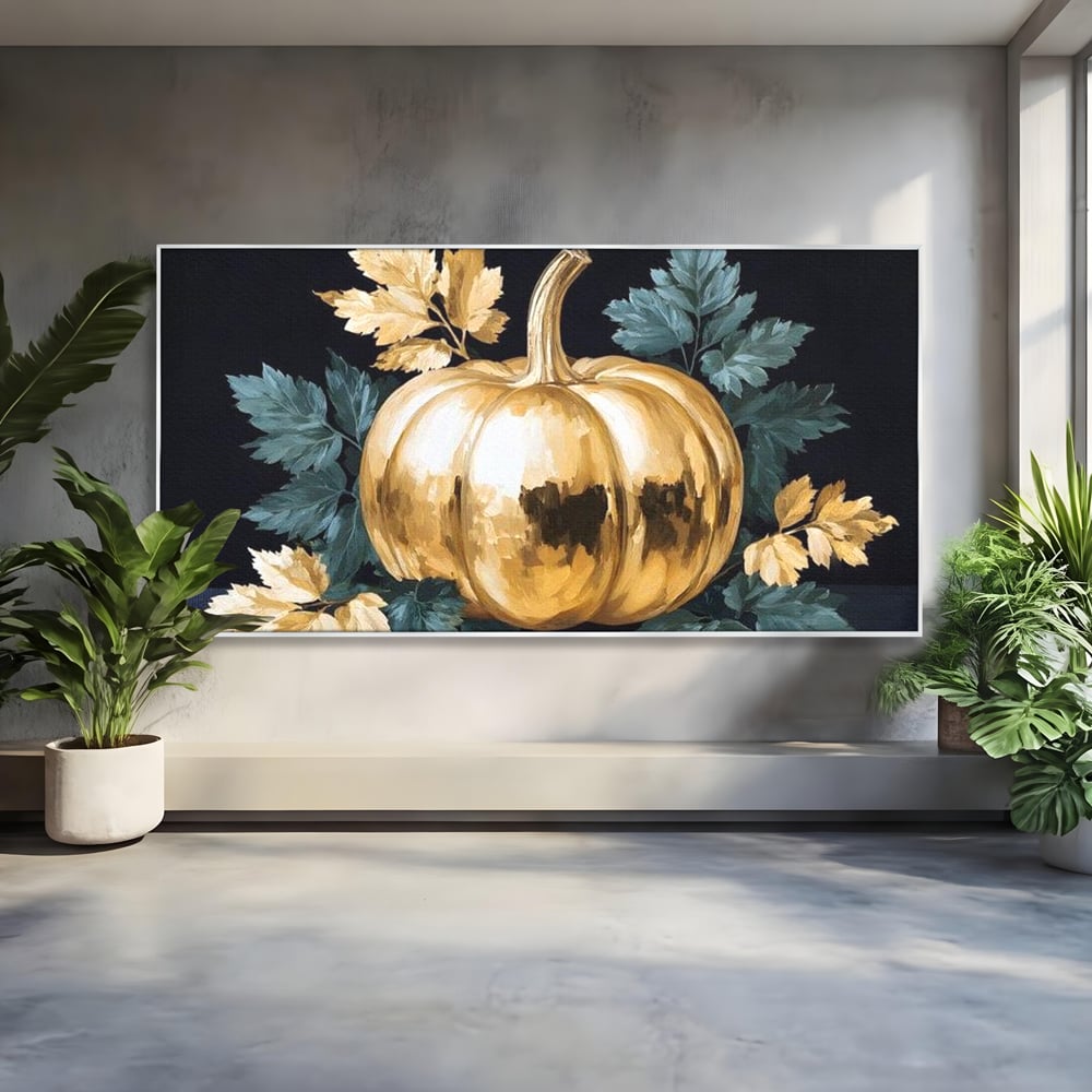 Leinwand Premium Canvas Wandkunst, LuxCanva® N1124, Goldener Kürbis, Herbst, Ernte, Blätter, Golden, Kürbis, Luxus, Metallisch, Künstlerisch, Veredelung, Restaurant, Küche
