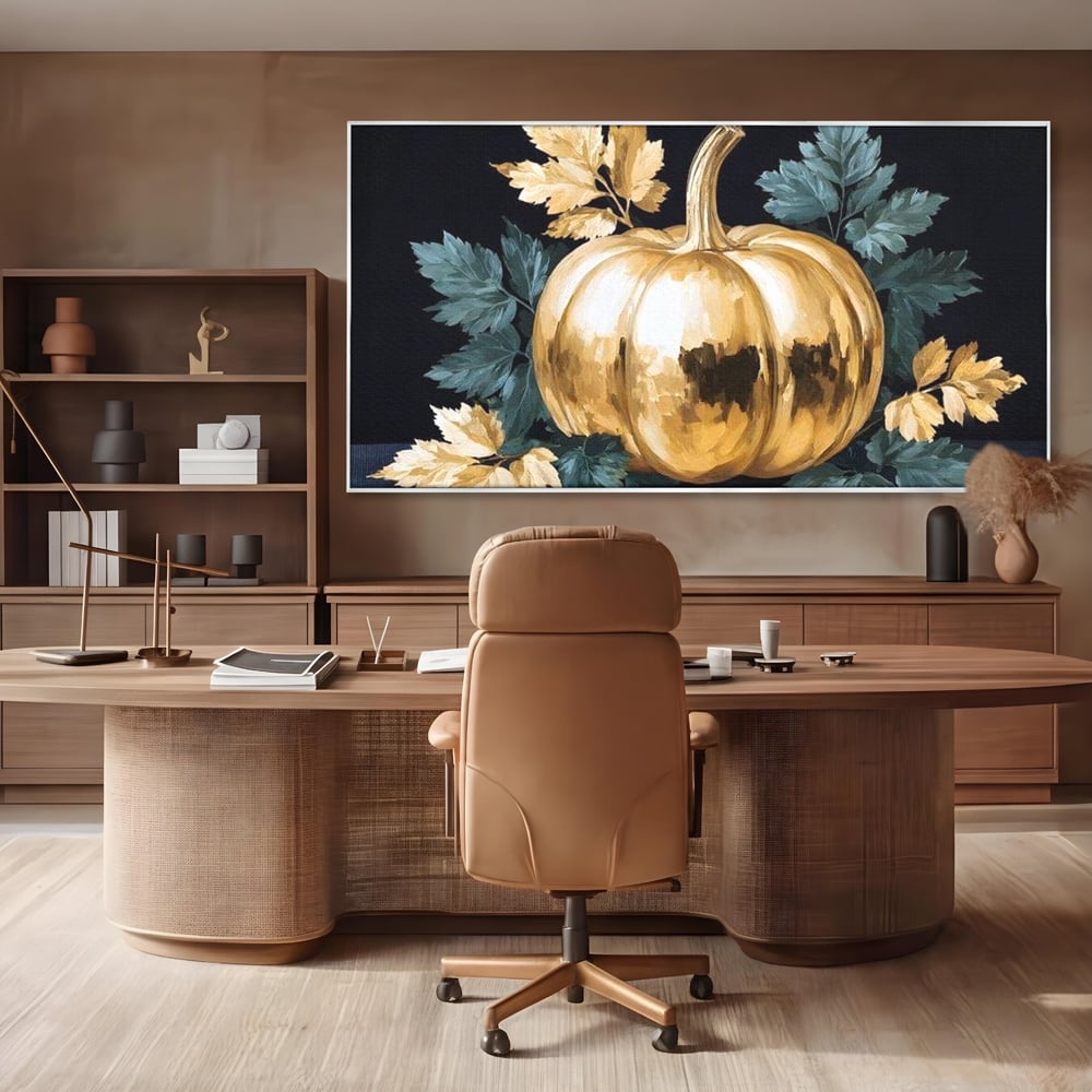 Leinwand Premium Canvas Wandkunst, LuxCanva® N1124, Goldener Kürbis, Herbst, Ernte, Blätter, Golden, Kürbis, Luxus, Metallisch, Künstlerisch, Veredelung, Restaurant, Küche