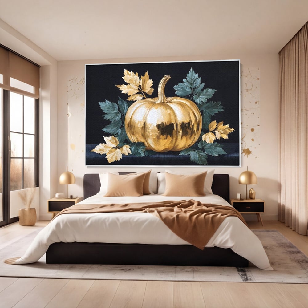 Leinwand Premium Canvas Wandkunst, LuxCanva® N1124, Goldener Kürbis, Herbst, Ernte, Blätter, Golden, Kürbis, Luxus, Metallisch, Künstlerisch, Veredelung, Restaurant, Küche