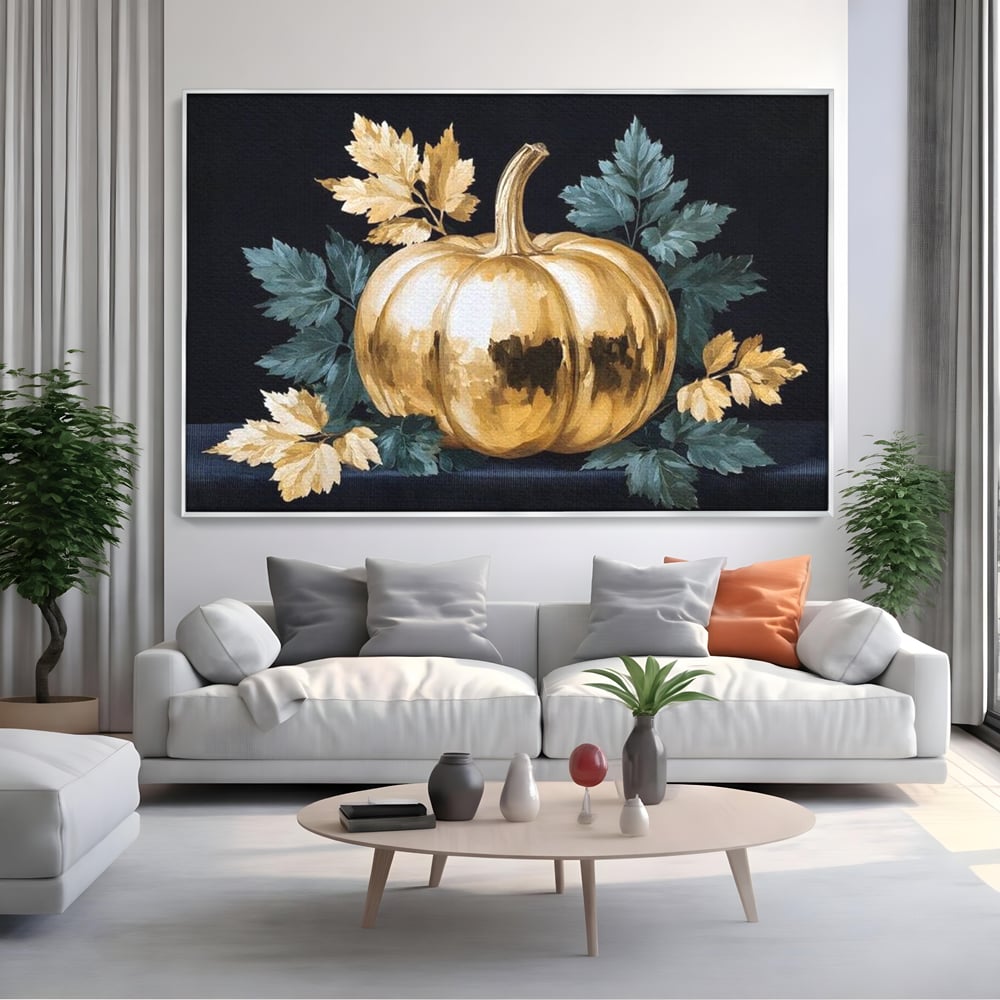 Leinwand Premium Canvas Wandkunst, LuxCanva® N1124, Goldener Kürbis, Herbst, Ernte, Blätter, Golden, Kürbis, Luxus, Metallisch, Künstlerisch, Veredelung, Restaurant, Küche
