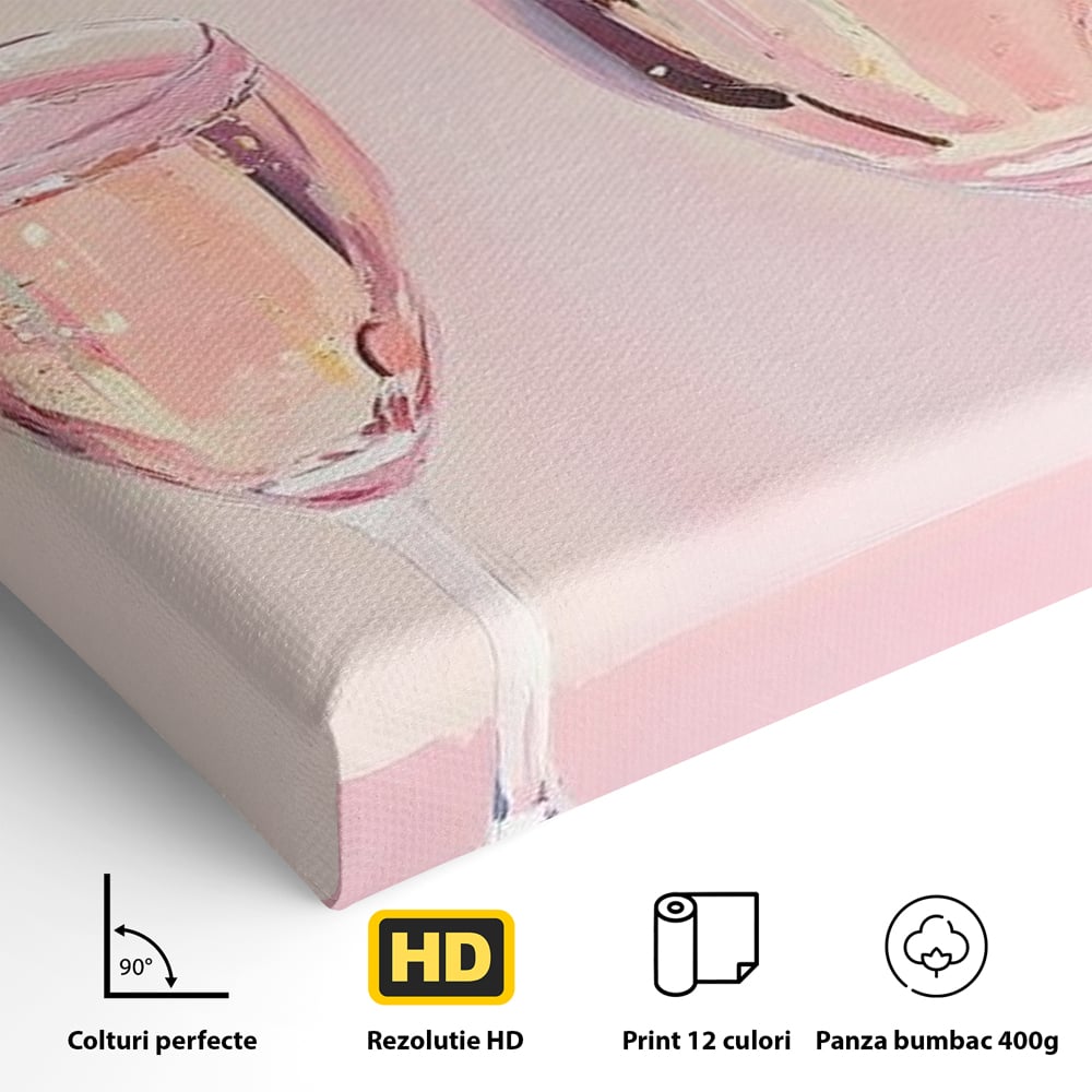 Tablou Canvas Premium, LuxCanva® N1131, Sampanie pentru Doi, Pahare, Sticla, Sampanie, Bautura, Roz, Pastel, Romantic, Ocazie, Moment, Rasfat, Pub, Lounge, Bar, Restaurant, Bucatarie