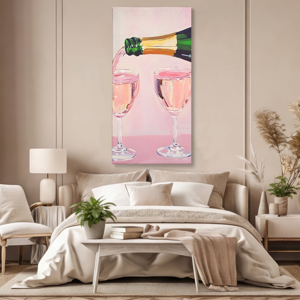 Tablou Canvas Premium, LuxCanva® N1131, Sampanie pentru Doi, Pahare, Sticla, Sampanie, Bautura, Roz, Pastel, Romantic, Ocazie, Moment, Rasfat, Pub, Lounge, Bar, Restaurant, Bucatarie
