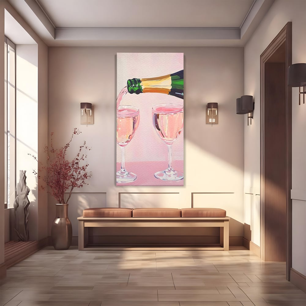 Tablou Canvas Premium, LuxCanva® N1131, Sampanie pentru Doi, Pahare, Sticla, Sampanie, Bautura, Roz, Pastel, Romantic, Ocazie, Moment, Rasfat, Pub, Lounge, Bar, Restaurant, Bucatarie