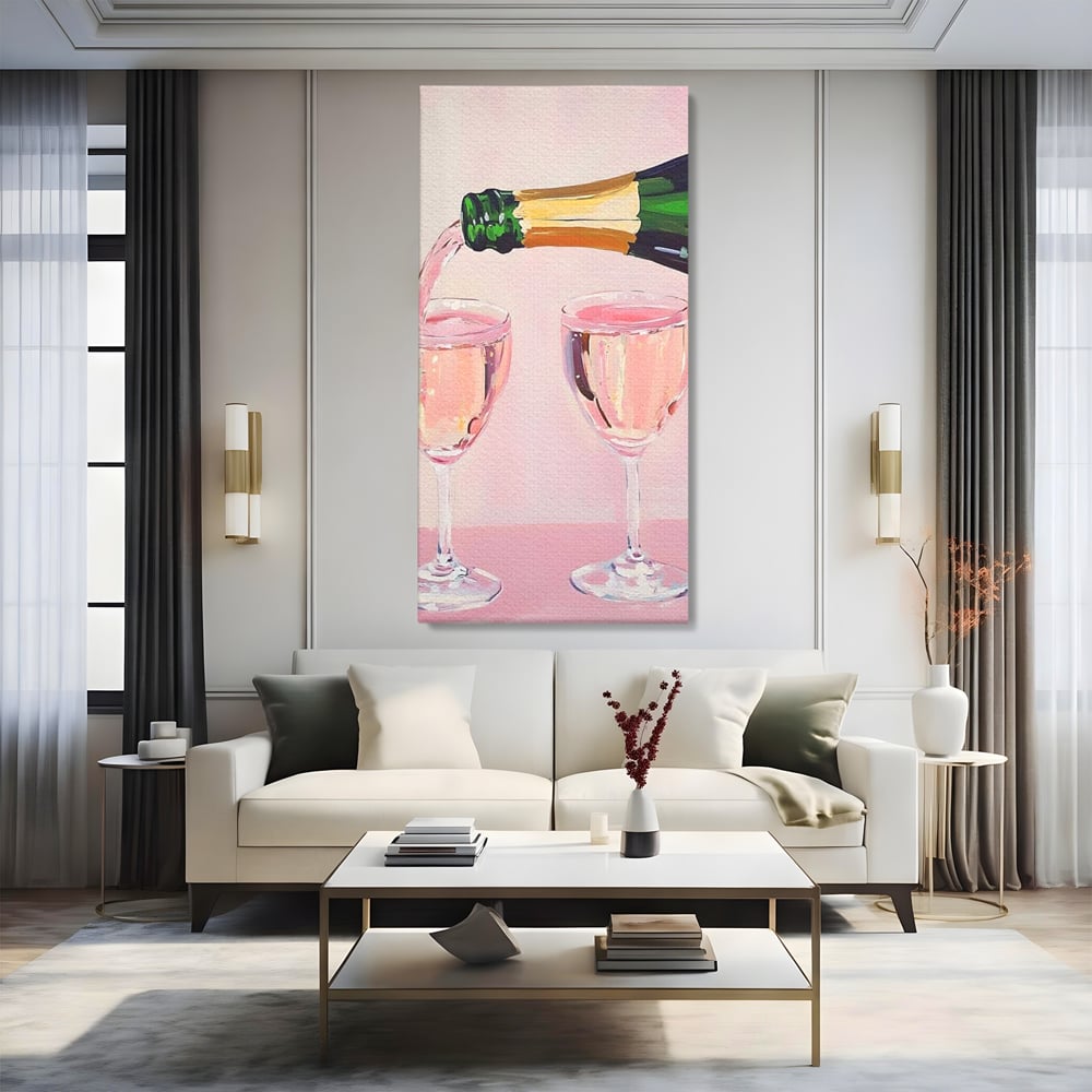 Tablou Canvas Premium, LuxCanva® N1131, Sampanie pentru Doi, Pahare, Sticla, Sampanie, Bautura, Roz, Pastel, Romantic, Ocazie, Moment, Rasfat, Pub, Lounge, Bar, Restaurant, Bucatarie