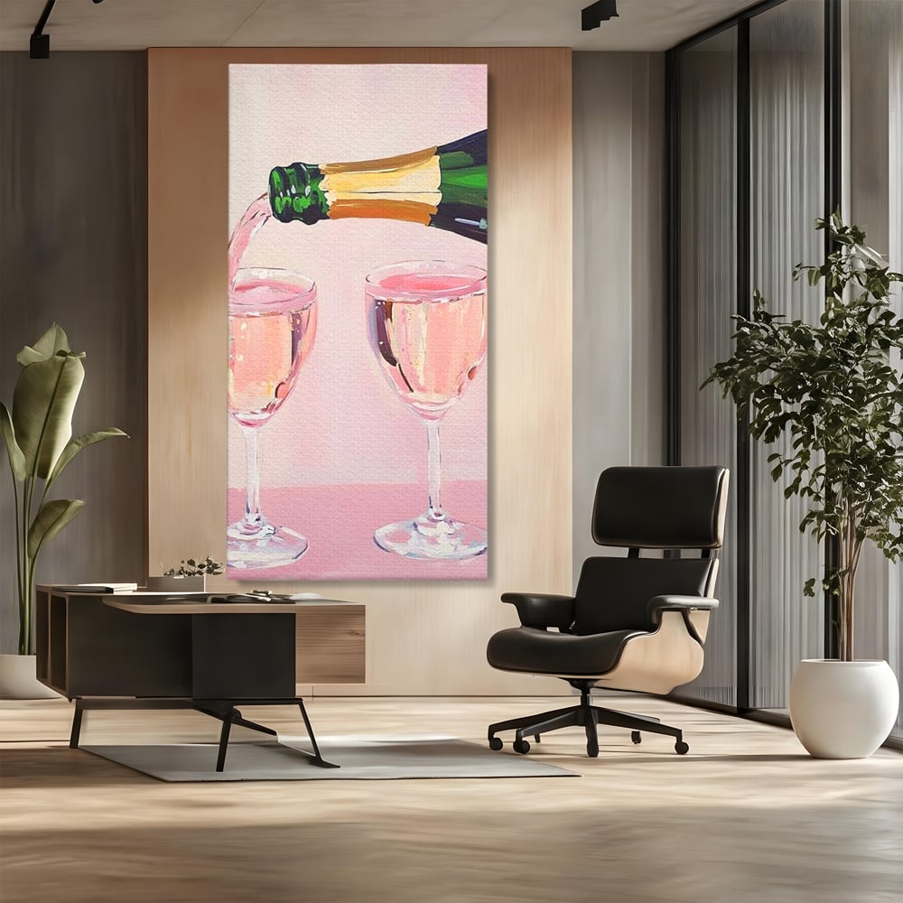 Tablou Canvas Premium, LuxCanva® N1131, Sampanie pentru Doi, Pahare, Sticla, Sampanie, Bautura, Roz, Pastel, Romantic, Ocazie, Moment, Rasfat, Pub, Lounge, Bar, Restaurant, Bucatarie