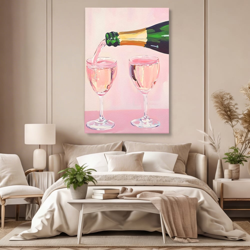 Tablou Canvas Premium, LuxCanva® N1131, Sampanie pentru Doi, Pahare, Sticla, Sampanie, Bautura, Roz, Pastel, Romantic, Ocazie, Moment, Rasfat, Pub, Lounge, Bar, Restaurant, Bucatarie