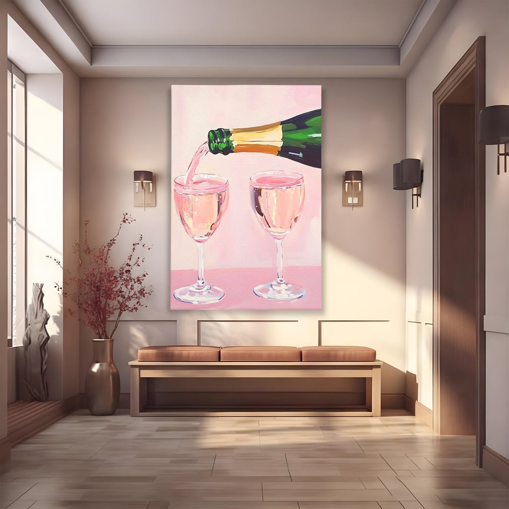 Tablou Canvas Premium, LuxCanva® N1131, Sampanie pentru Doi, Pahare, Sticla, Sampanie, Bautura, Roz, Pastel, Romantic, Ocazie, Moment, Rasfat, Pub, Lounge, Bar, Restaurant, Bucatarie