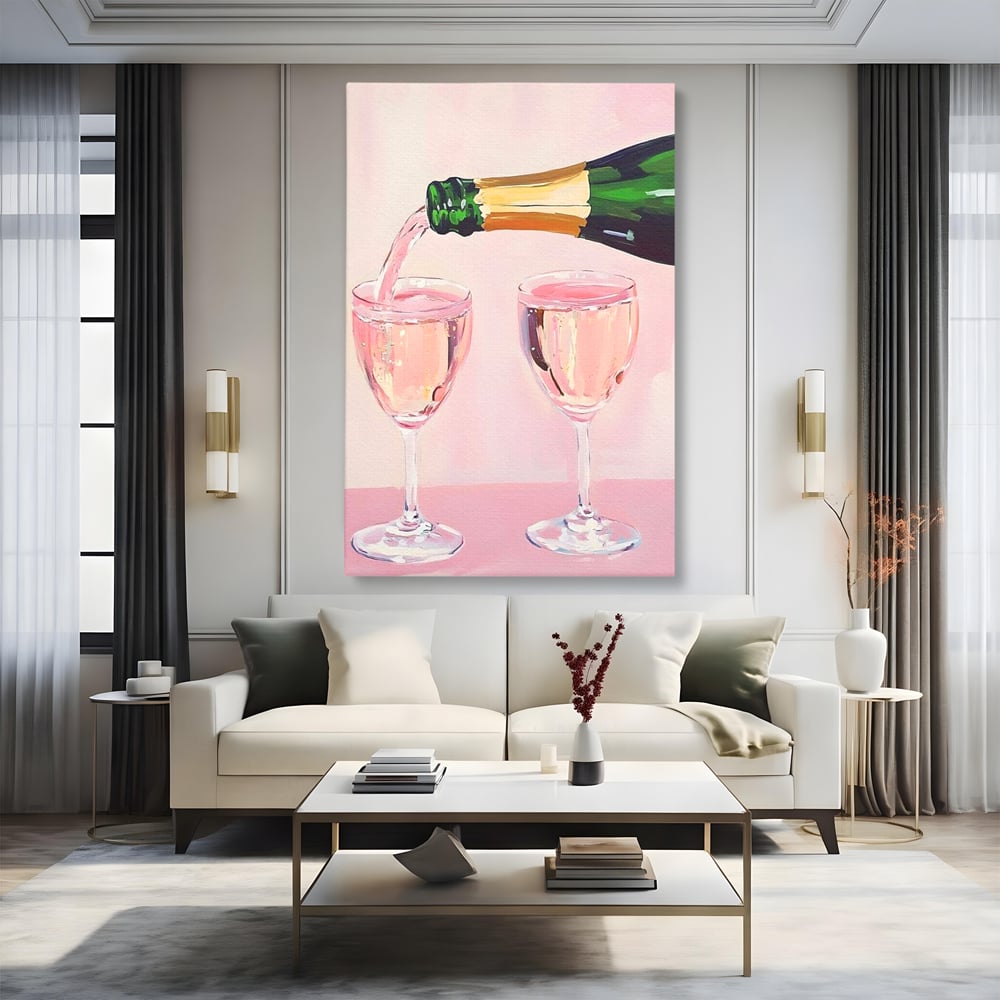 Tablou Canvas Premium, LuxCanva® N1131, Sampanie pentru Doi, Pahare, Sticla, Sampanie, Bautura, Roz, Pastel, Romantic, Ocazie, Moment, Rasfat, Pub, Lounge, Bar, Restaurant, Bucatarie