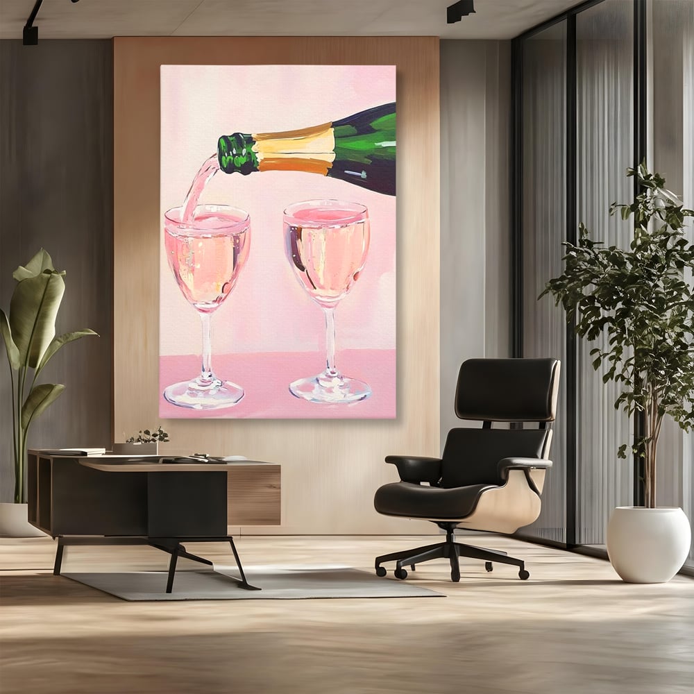 Tablou Canvas Premium, LuxCanva® N1131, Sampanie pentru Doi, Pahare, Sticla, Sampanie, Bautura, Roz, Pastel, Romantic, Ocazie, Moment, Rasfat, Pub, Lounge, Bar, Restaurant, Bucatarie
