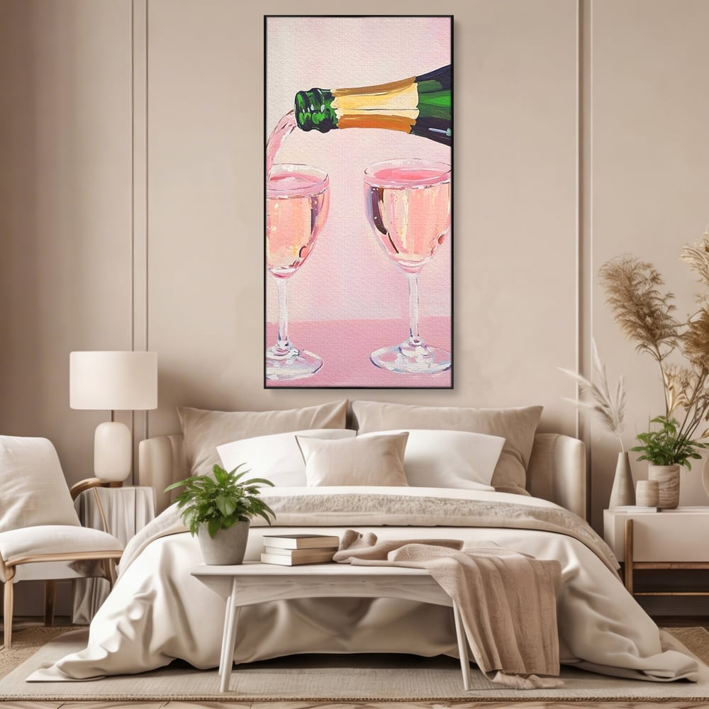 Tablou Canvas Premium, LuxCanva® N1131, Sampanie pentru Doi, Pahare, Sticla, Sampanie, Bautura, Roz, Pastel, Romantic, Ocazie, Moment, Rasfat, Pub, Lounge, Bar, Restaurant, Bucatarie