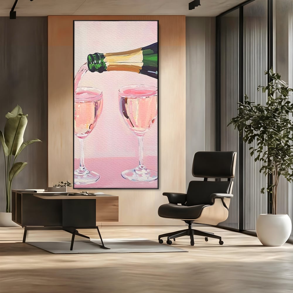 Tablou Canvas Premium, LuxCanva® N1131, Sampanie pentru Doi, Pahare, Sticla, Sampanie, Bautura, Roz, Pastel, Romantic, Ocazie, Moment, Rasfat, Pub, Lounge, Bar, Restaurant, Bucatarie