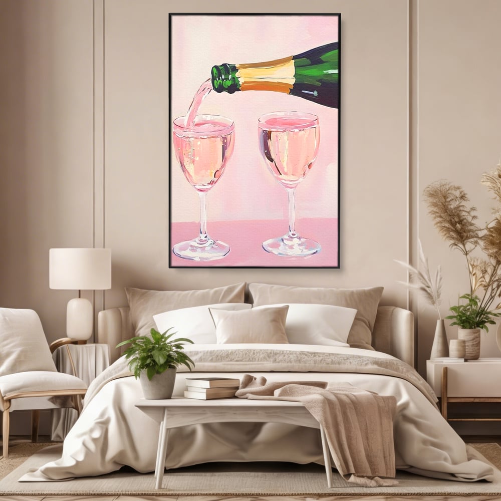Tablou Canvas Premium, LuxCanva® N1131, Sampanie pentru Doi, Pahare, Sticla, Sampanie, Bautura, Roz, Pastel, Romantic, Ocazie, Moment, Rasfat, Pub, Lounge, Bar, Restaurant, Bucatarie