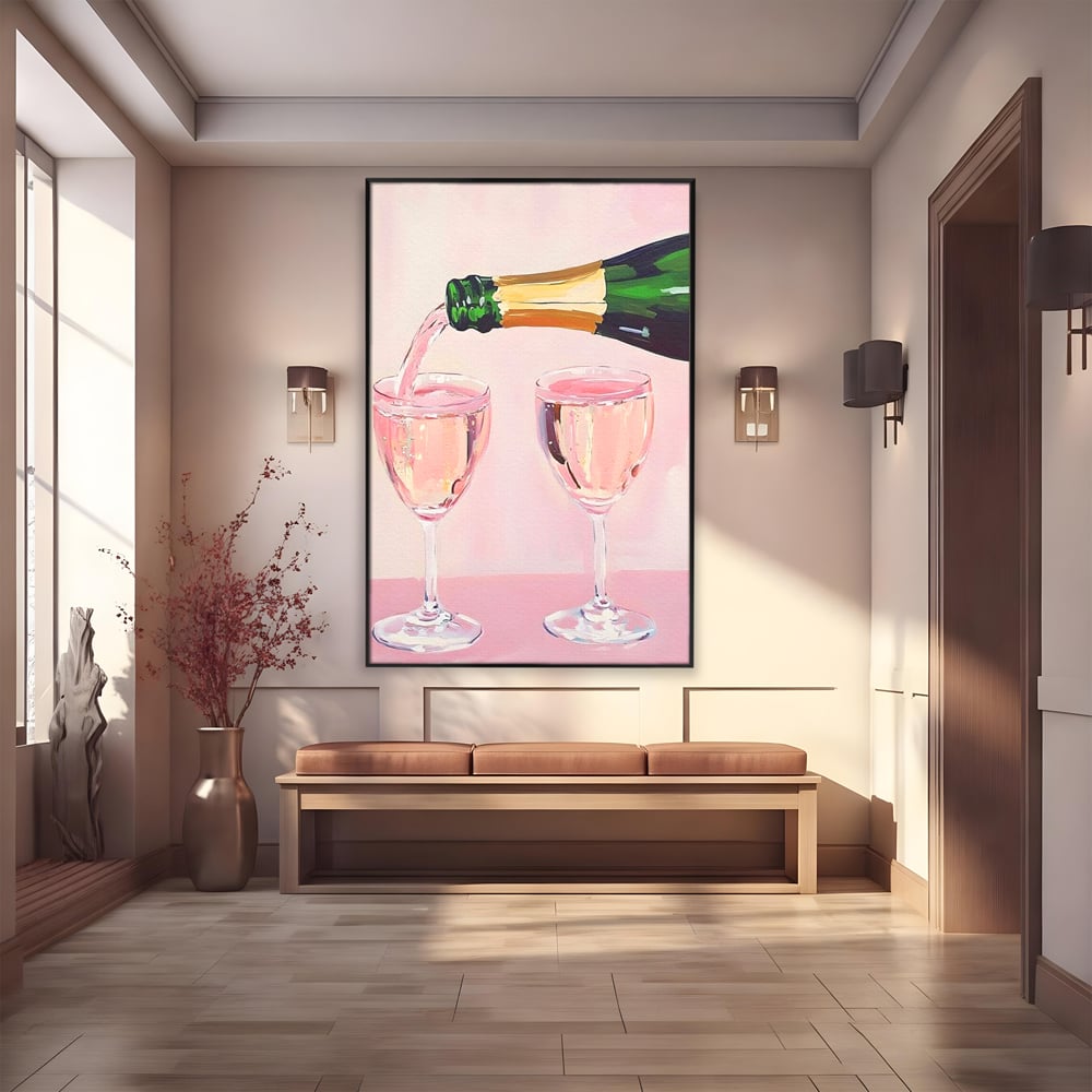 Tablou Canvas Premium, LuxCanva® N1131, Sampanie pentru Doi, Pahare, Sticla, Sampanie, Bautura, Roz, Pastel, Romantic, Ocazie, Moment, Rasfat, Pub, Lounge, Bar, Restaurant, Bucatarie