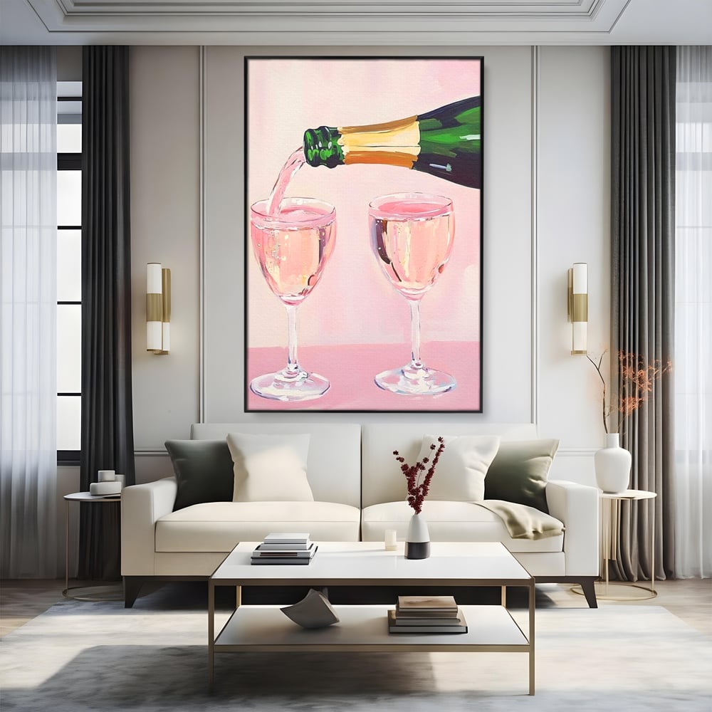 Tablou Canvas Premium, LuxCanva® N1131, Sampanie pentru Doi, Pahare, Sticla, Sampanie, Bautura, Roz, Pastel, Romantic, Ocazie, Moment, Rasfat, Pub, Lounge, Bar, Restaurant, Bucatarie