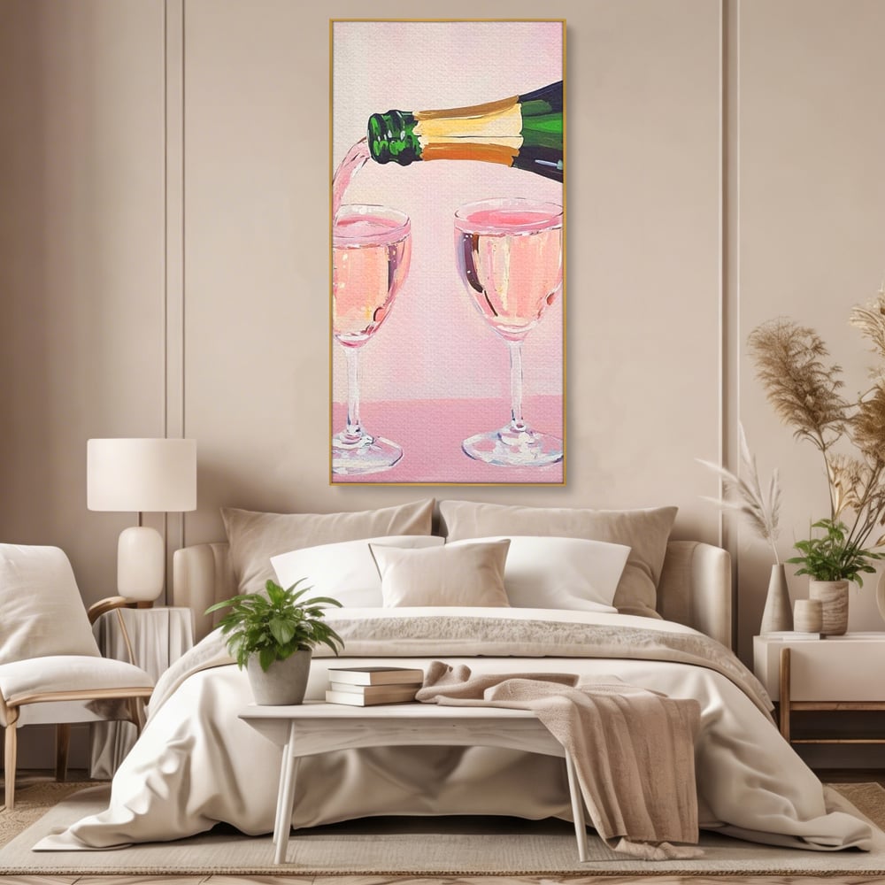 Tablou Canvas Premium, LuxCanva® N1131, Sampanie pentru Doi, Pahare, Sticla, Sampanie, Bautura, Roz, Pastel, Romantic, Ocazie, Moment, Rasfat, Pub, Lounge, Bar, Restaurant, Bucatarie
