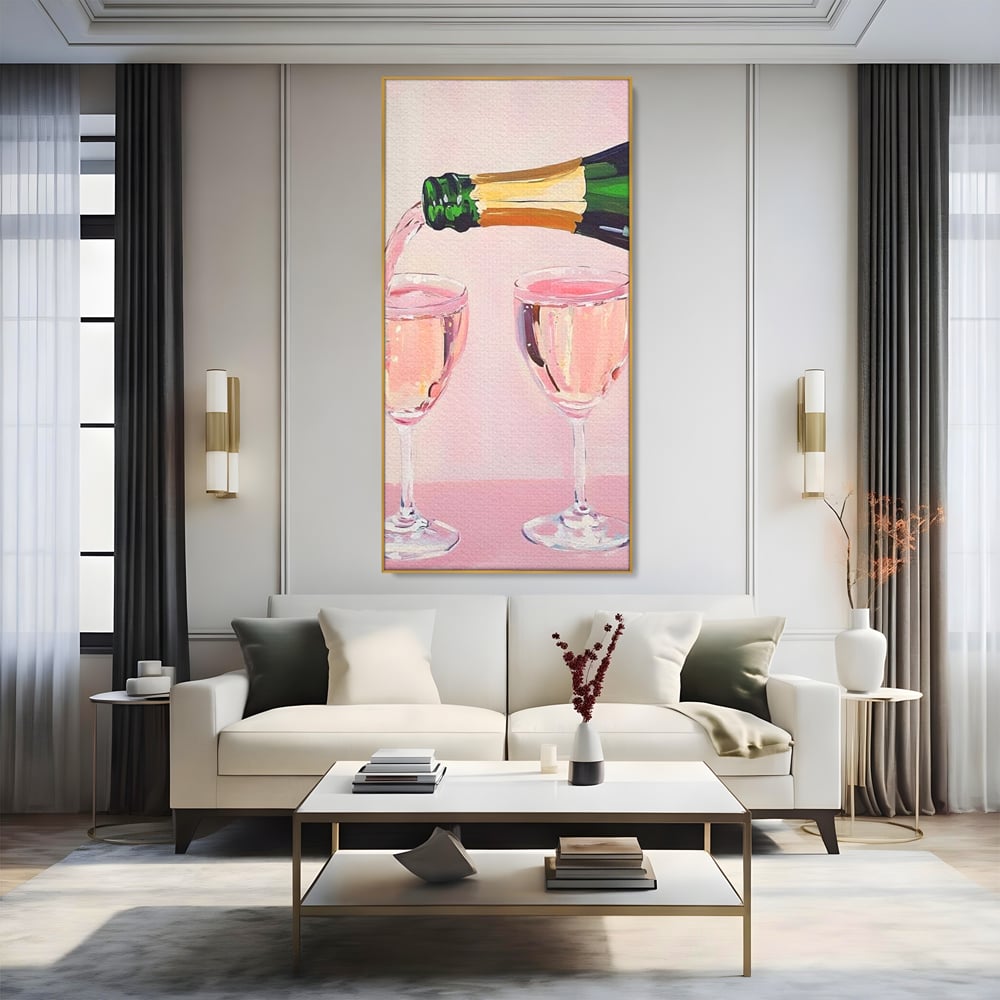 Tablou Canvas Premium, LuxCanva® N1131, Sampanie pentru Doi, Pahare, Sticla, Sampanie, Bautura, Roz, Pastel, Romantic, Ocazie, Moment, Rasfat, Pub, Lounge, Bar, Restaurant, Bucatarie