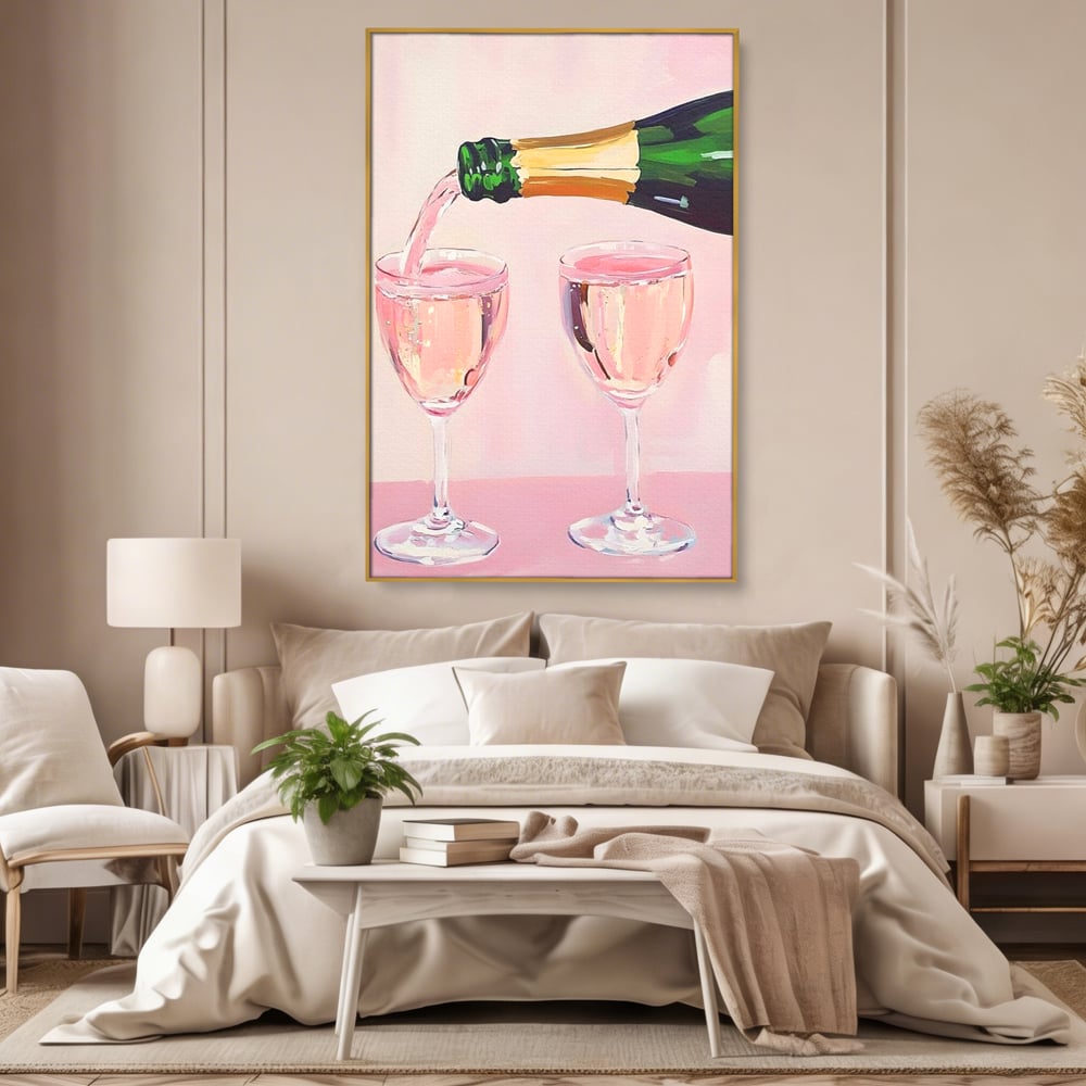 Tablou Canvas Premium, LuxCanva® N1131, Sampanie pentru Doi, Pahare, Sticla, Sampanie, Bautura, Roz, Pastel, Romantic, Ocazie, Moment, Rasfat, Pub, Lounge, Bar, Restaurant, Bucatarie