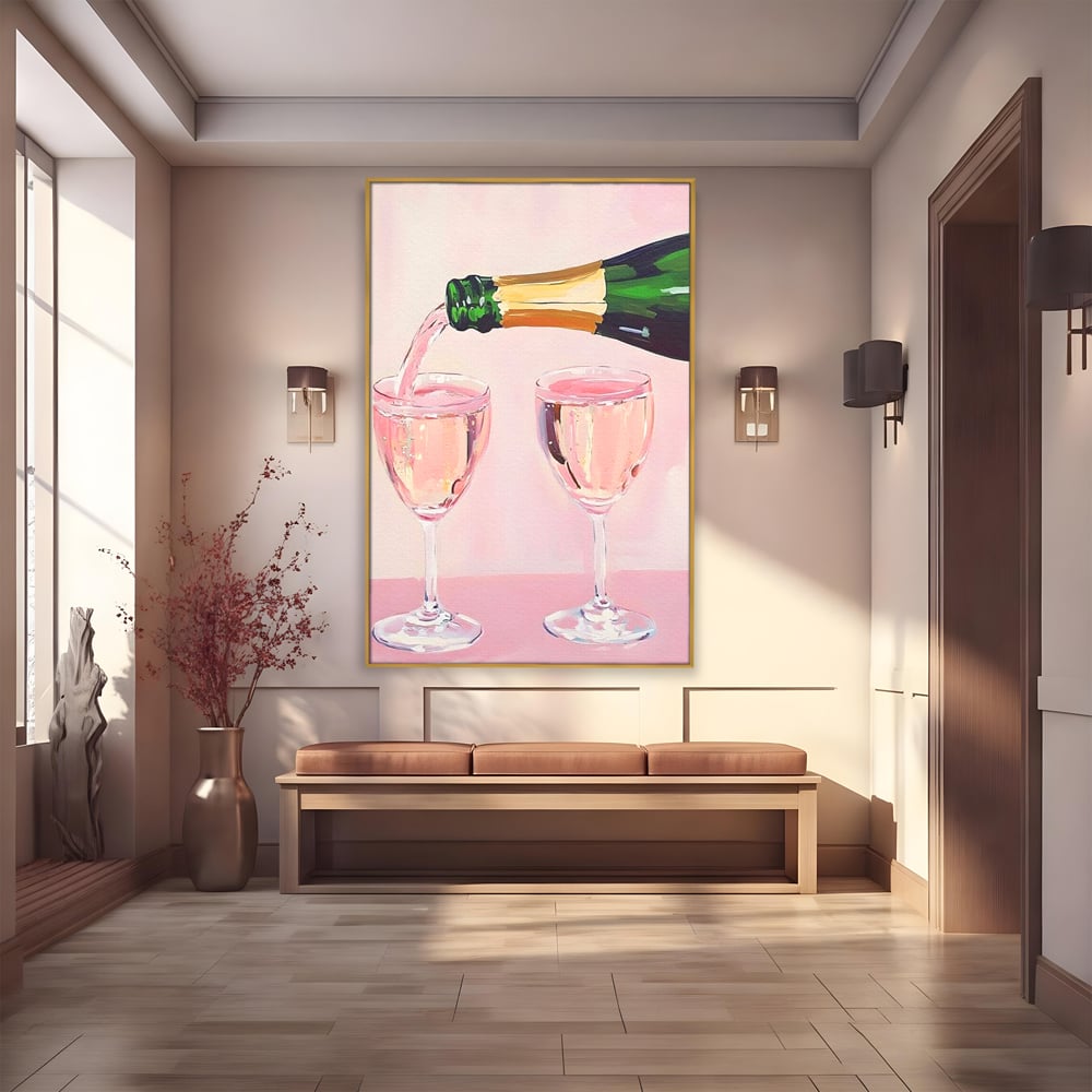 Tablou Canvas Premium, LuxCanva® N1131, Sampanie pentru Doi, Pahare, Sticla, Sampanie, Bautura, Roz, Pastel, Romantic, Ocazie, Moment, Rasfat, Pub, Lounge, Bar, Restaurant, Bucatarie