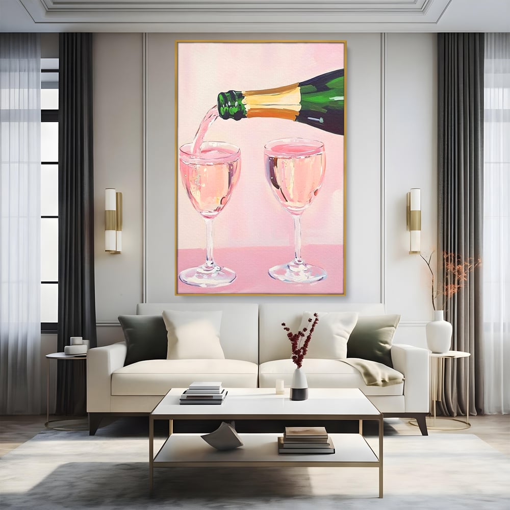 Tablou Canvas Premium, LuxCanva® N1131, Sampanie pentru Doi, Pahare, Sticla, Sampanie, Bautura, Roz, Pastel, Romantic, Ocazie, Moment, Rasfat, Pub, Lounge, Bar, Restaurant, Bucatarie