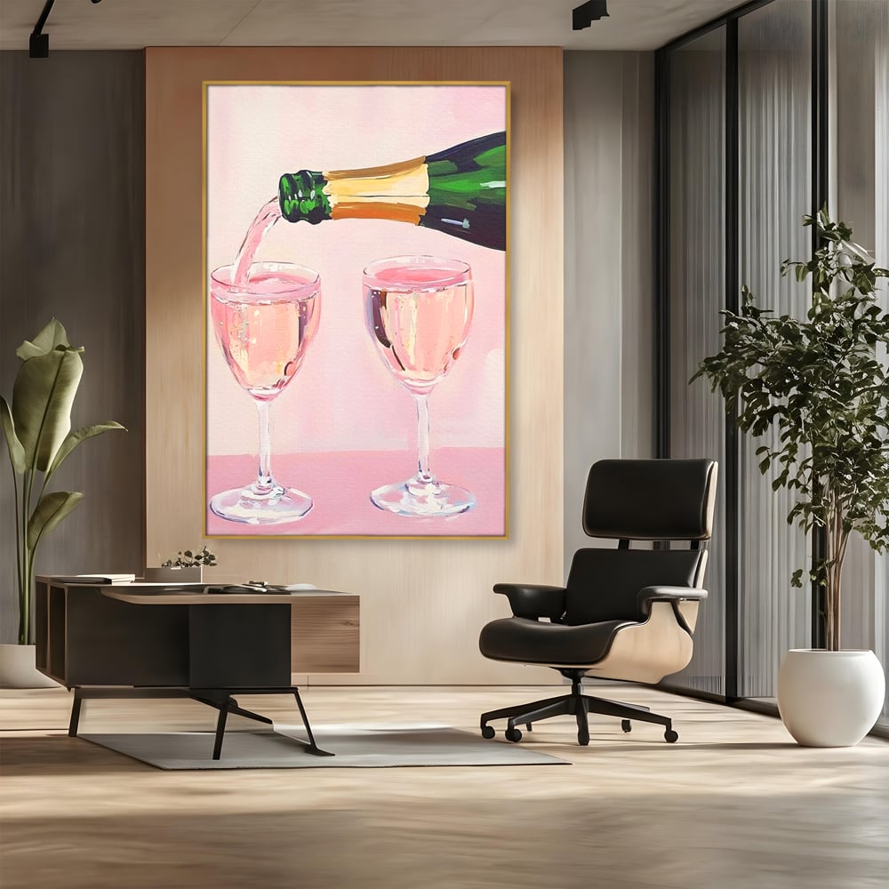 Tablou Canvas Premium, LuxCanva® N1131, Sampanie pentru Doi, Pahare, Sticla, Sampanie, Bautura, Roz, Pastel, Romantic, Ocazie, Moment, Rasfat, Pub, Lounge, Bar, Restaurant, Bucatarie