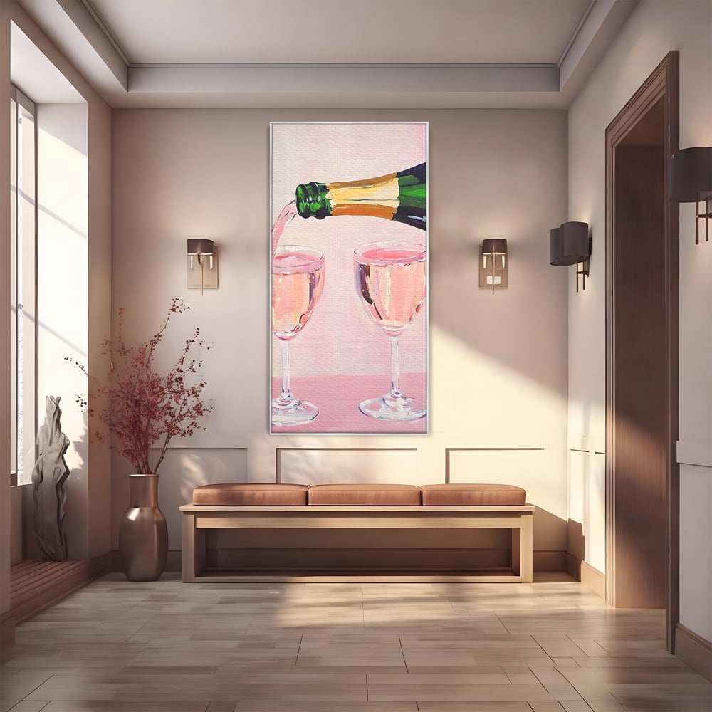 Tablou Canvas Premium, LuxCanva® N1131, Sampanie pentru Doi, Pahare, Sticla, Sampanie, Bautura, Roz, Pastel, Romantic, Ocazie, Moment, Rasfat, Pub, Lounge, Bar, Restaurant, Bucatarie
