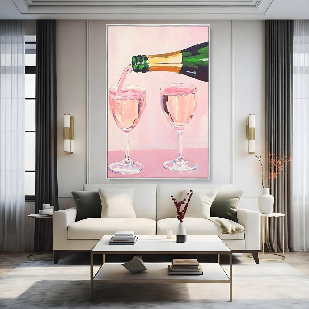 Tablou Canvas Premium, LuxCanva® N1131, Sampanie pentru Doi, Pahare, Sticla, Sampanie, Bautura, Roz, Pastel, Romantic, Ocazie, Moment, Rasfat, Pub, Lounge, Bar, Restaurant, Bucatarie