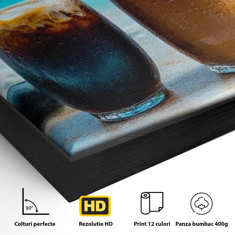 Tablou Canvas Premium, LuxCanva® N1132, Dimineata in Paradis, Cafea, Espresso, Mocha, Frappe, Pahare, Racoritor, Vacanta, Plaja, Nisip, Tropical, Cafenea, Pub, Lounge, Bar, Restaurant, Bucatarie