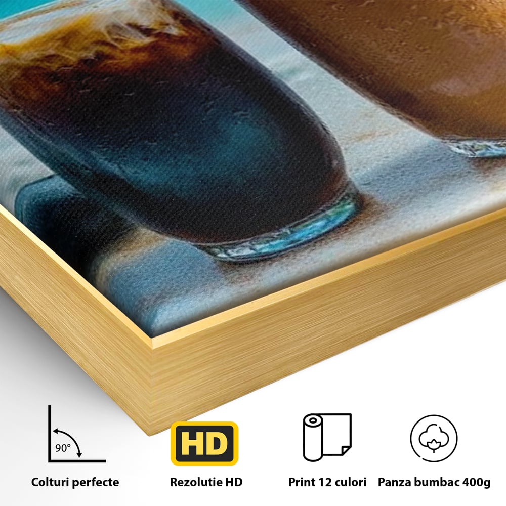 Tablou Canvas Premium, LuxCanva® N1132, Dimineata in Paradis, Cafea, Espresso, Mocha, Frappe, Pahare, Racoritor, Vacanta, Plaja, Nisip, Tropical, Cafenea, Pub, Lounge, Bar, Restaurant, Bucatarie