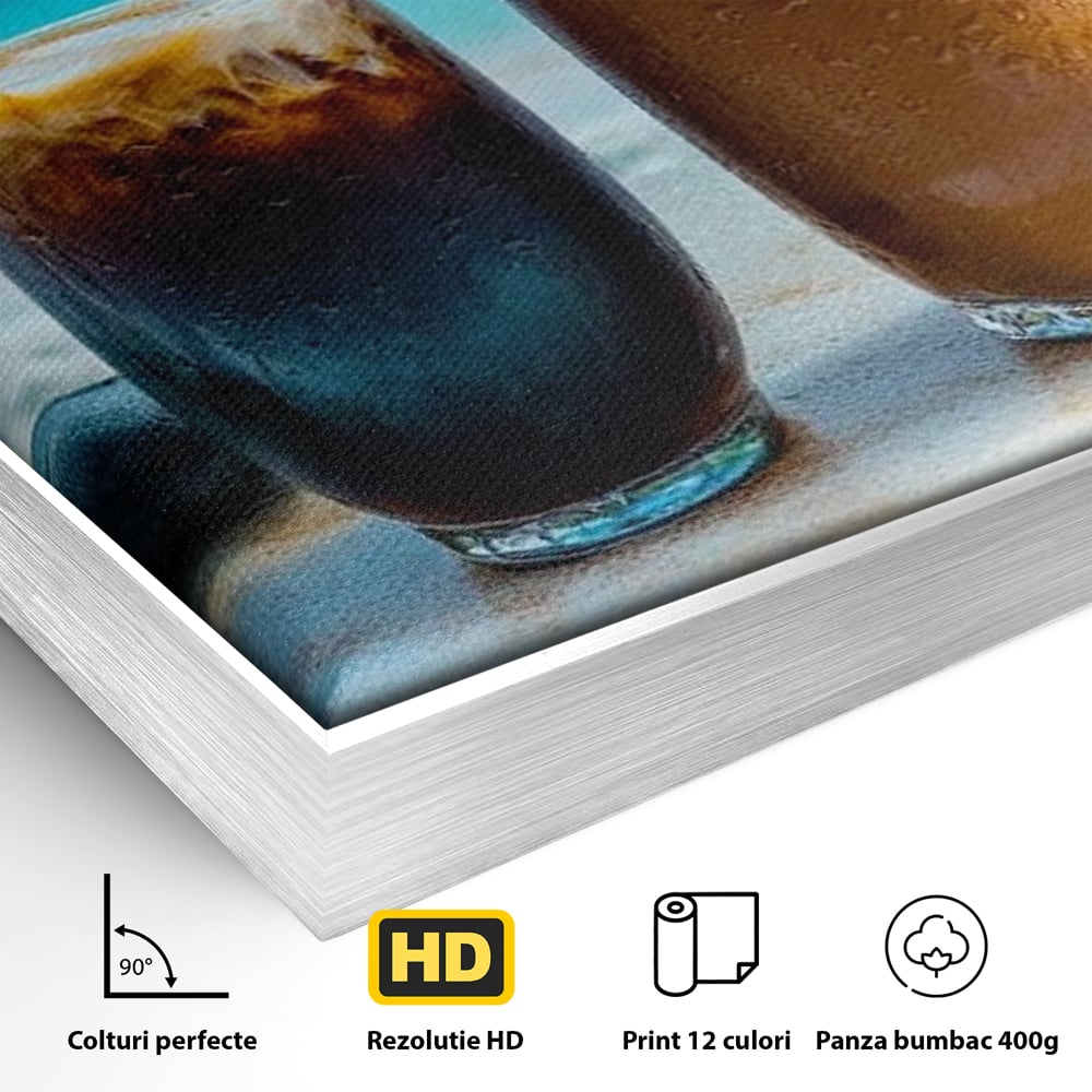 Tablou Canvas Premium, LuxCanva® N1132, Dimineata in Paradis, Cafea, Espresso, Mocha, Frappe, Pahare, Racoritor, Vacanta, Plaja, Nisip, Tropical, Cafenea, Pub, Lounge, Bar, Restaurant, Bucatarie