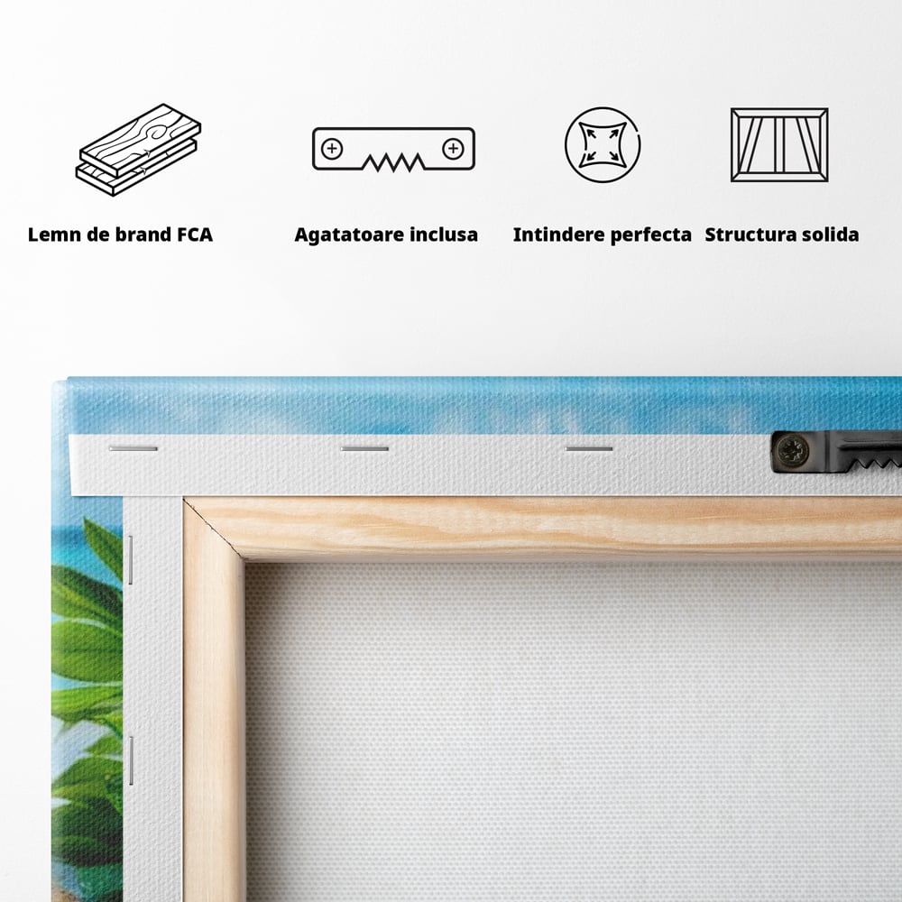 Tablou Canvas Premium, LuxCanva® N1132, Dimineata in Paradis, Cafea, Espresso, Mocha, Frappe, Pahare, Racoritor, Vacanta, Plaja, Nisip, Tropical, Cafenea, Pub, Lounge, Bar, Restaurant, Bucatarie