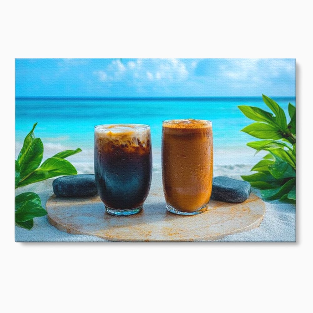 Tablou Canvas Premium, LuxCanva® N1132, Dimineata in Paradis, Cafea, Espresso, Mocha, Frappe, Pahare, Racoritor, Vacanta, Plaja, Nisip, Tropical, Cafenea, Pub, Lounge, Bar, Restaurant, Bucatarie