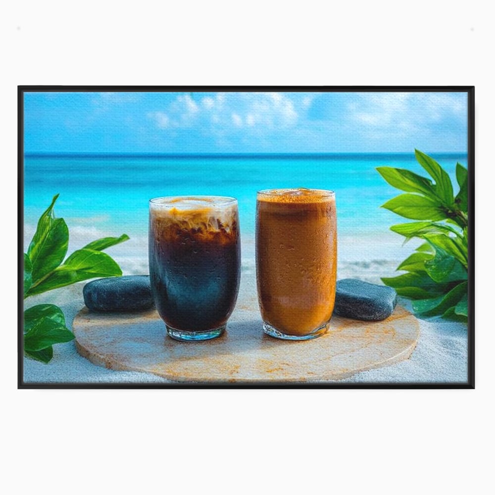 Tablou Canvas Premium, LuxCanva® N1132, Dimineata in Paradis, Cafea, Espresso, Mocha, Frappe, Pahare, Racoritor, Vacanta, Plaja, Nisip, Tropical, Cafenea, Pub, Lounge, Bar, Restaurant, Bucatarie