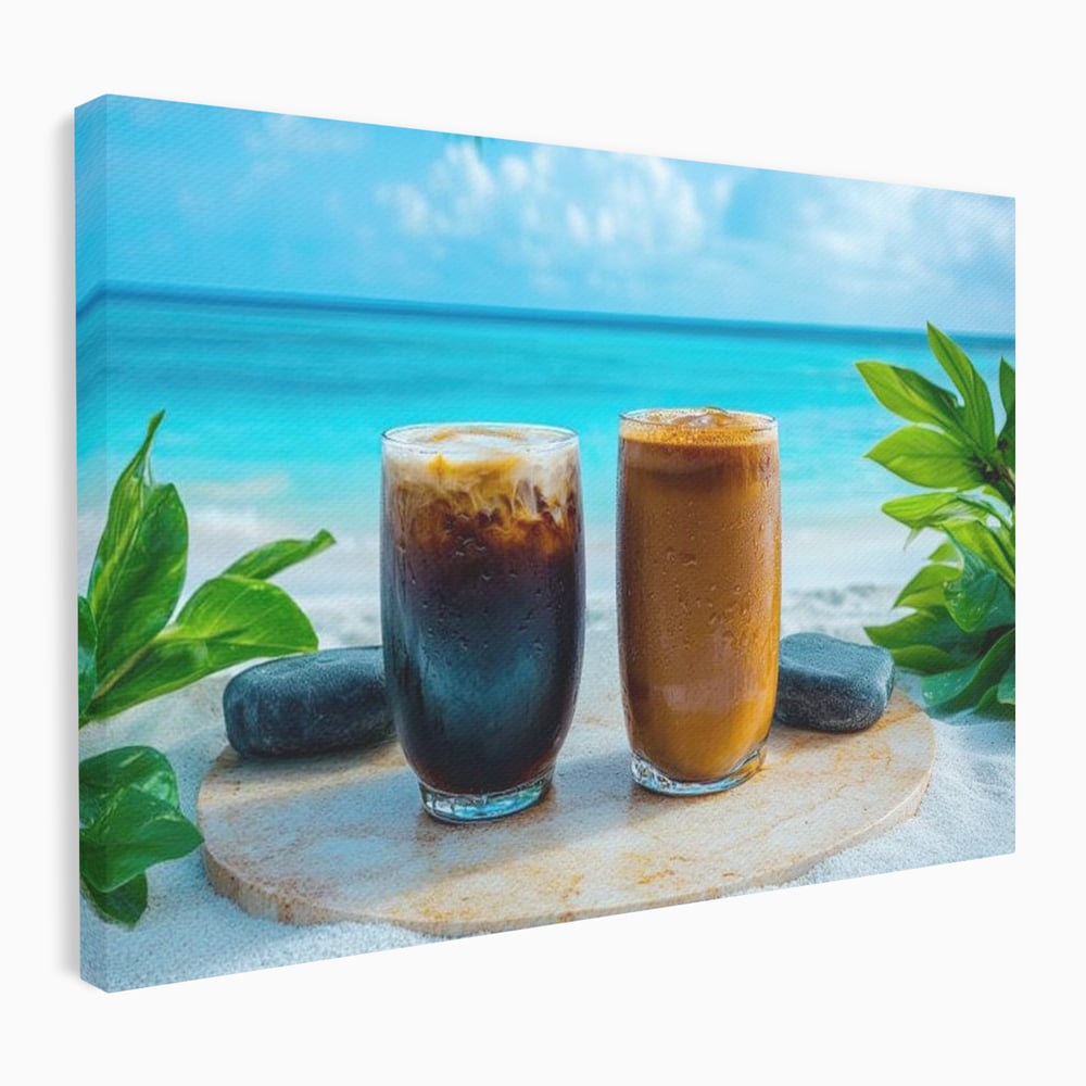 Tablou Canvas Premium, LuxCanva® N1132, Dimineata in Paradis, Cafea, Espresso, Mocha, Frappe, Pahare, Racoritor, Vacanta, Plaja, Nisip, Tropical, Cafenea, Pub, Lounge, Bar, Restaurant, Bucatarie