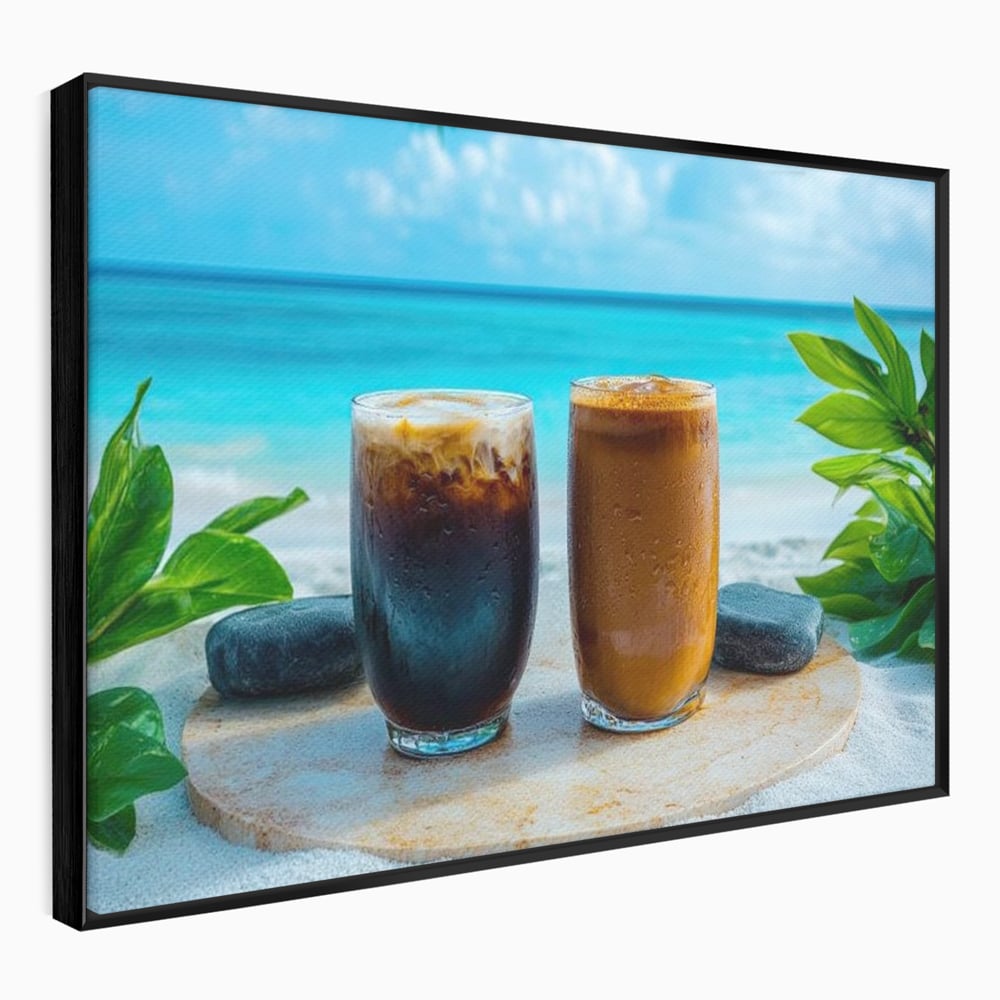 Tablou Canvas Premium, LuxCanva® N1132, Dimineata in Paradis, Cafea, Espresso, Mocha, Frappe, Pahare, Racoritor, Vacanta, Plaja, Nisip, Tropical, Cafenea, Pub, Lounge, Bar, Restaurant, Bucatarie