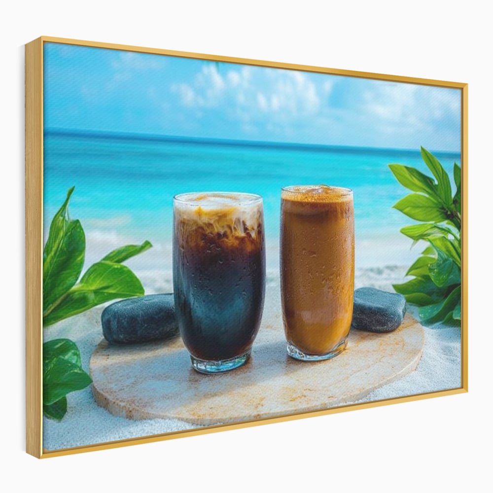 Tablou Canvas Premium, LuxCanva® N1132, Dimineata in Paradis, Cafea, Espresso, Mocha, Frappe, Pahare, Racoritor, Vacanta, Plaja, Nisip, Tropical, Cafenea, Pub, Lounge, Bar, Restaurant, Bucatarie