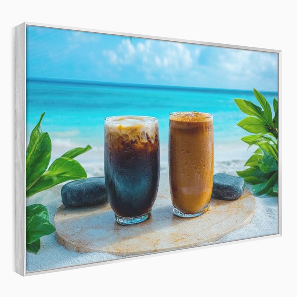 Tablou Canvas Premium, LuxCanva® N1132, Dimineata in Paradis, Cafea, Espresso, Mocha, Frappe, Pahare, Racoritor, Vacanta, Plaja, Nisip, Tropical, Cafenea, Pub, Lounge, Bar, Restaurant, Bucatarie