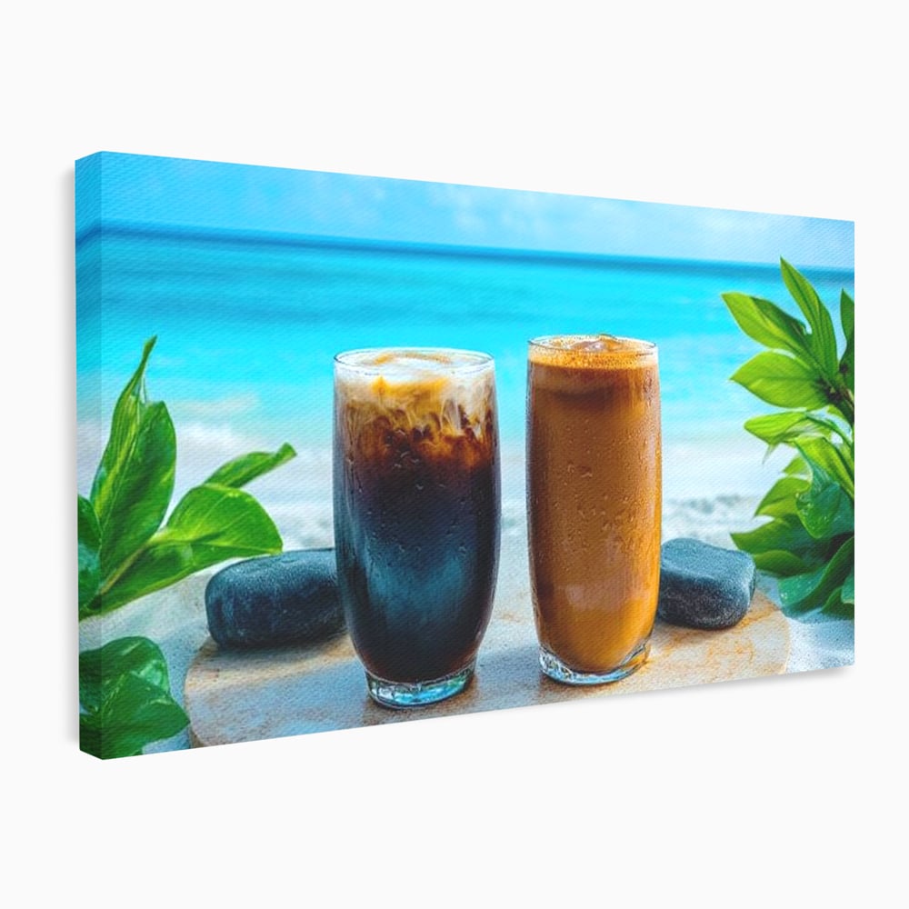 Tablou Canvas Premium, LuxCanva® N1132, Dimineata in Paradis, Cafea, Espresso, Mocha, Frappe, Pahare, Racoritor, Vacanta, Plaja, Nisip, Tropical, Cafenea, Pub, Lounge, Bar, Restaurant, Bucatarie
