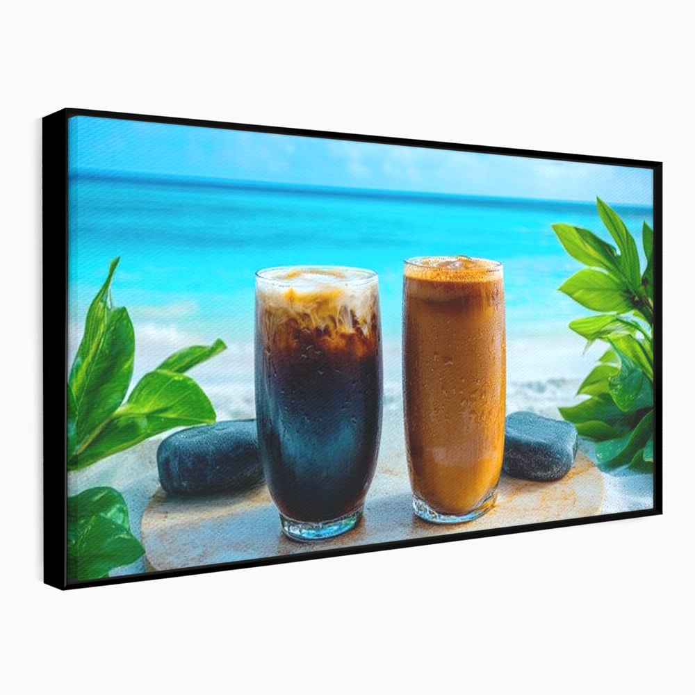 Tablou Canvas Premium, LuxCanva® N1132, Dimineata in Paradis, Cafea, Espresso, Mocha, Frappe, Pahare, Racoritor, Vacanta, Plaja, Nisip, Tropical, Cafenea, Pub, Lounge, Bar, Restaurant, Bucatarie