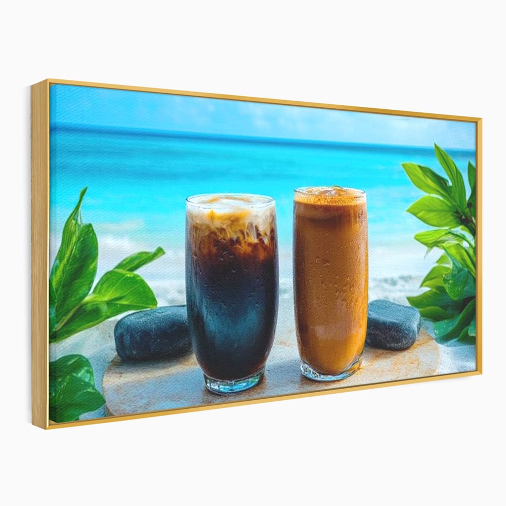 Tablou Canvas Premium, LuxCanva® N1132, Dimineata in Paradis, Cafea, Espresso, Mocha, Frappe, Pahare, Racoritor, Vacanta, Plaja, Nisip, Tropical, Cafenea, Pub, Lounge, Bar, Restaurant, Bucatarie