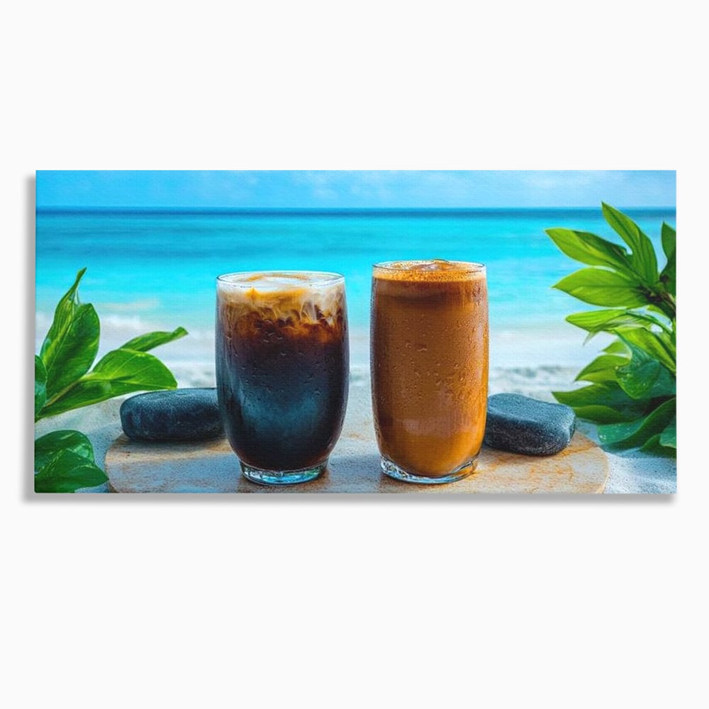 Tablou Canvas Premium, LuxCanva® N1132, Dimineata in Paradis, Cafea, Espresso, Mocha, Frappe, Pahare, Racoritor, Vacanta, Plaja, Nisip, Tropical, Cafenea, Pub, Lounge, Bar, Restaurant, Bucatarie