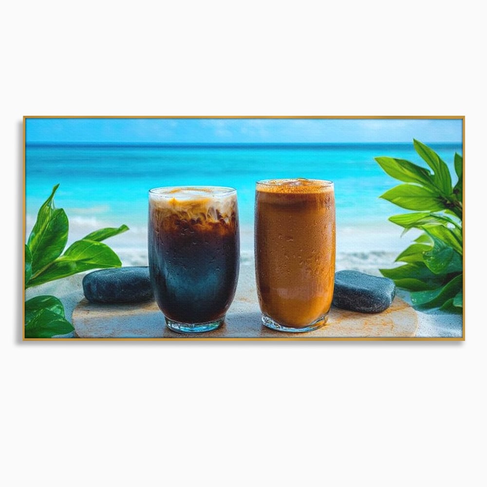 Tablou Canvas Premium, LuxCanva® N1132, Dimineata in Paradis, Cafea, Espresso, Mocha, Frappe, Pahare, Racoritor, Vacanta, Plaja, Nisip, Tropical, Cafenea, Pub, Lounge, Bar, Restaurant, Bucatarie