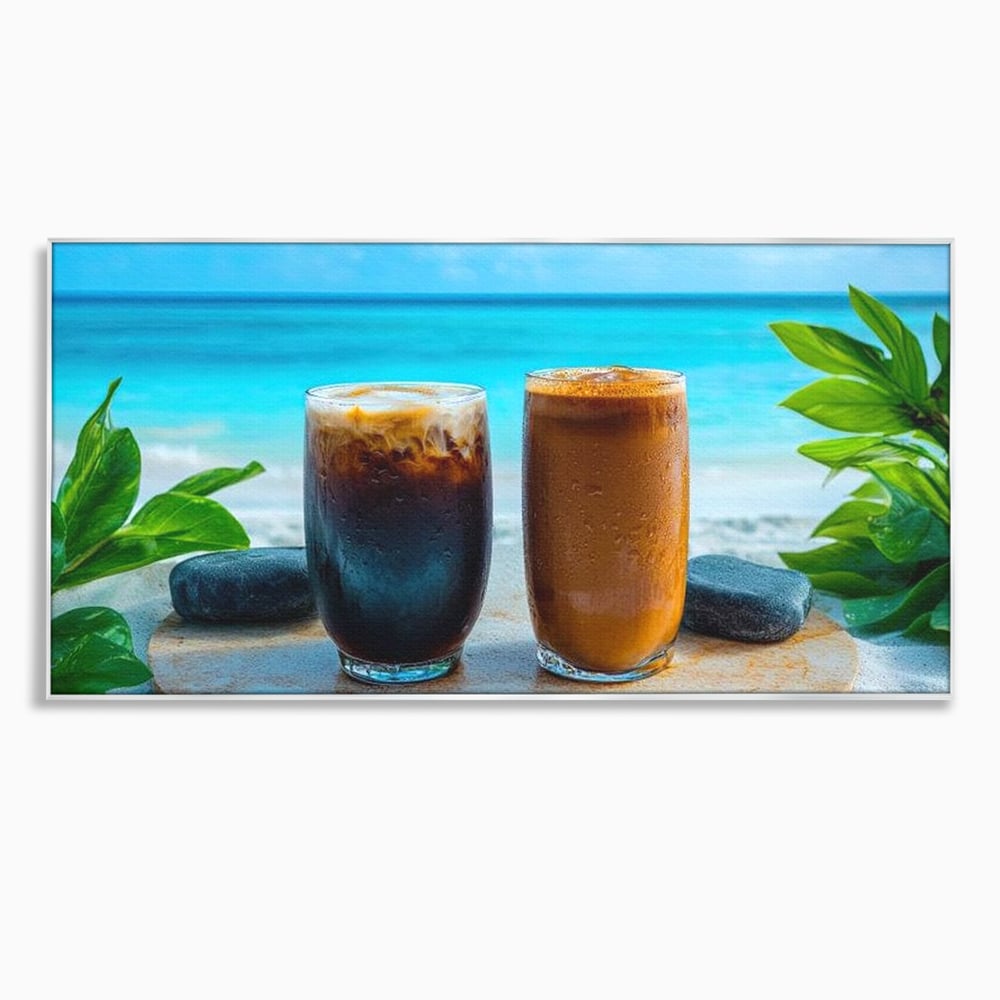 Tablou Canvas Premium, LuxCanva® N1132, Dimineata in Paradis, Cafea, Espresso, Mocha, Frappe, Pahare, Racoritor, Vacanta, Plaja, Nisip, Tropical, Cafenea, Pub, Lounge, Bar, Restaurant, Bucatarie